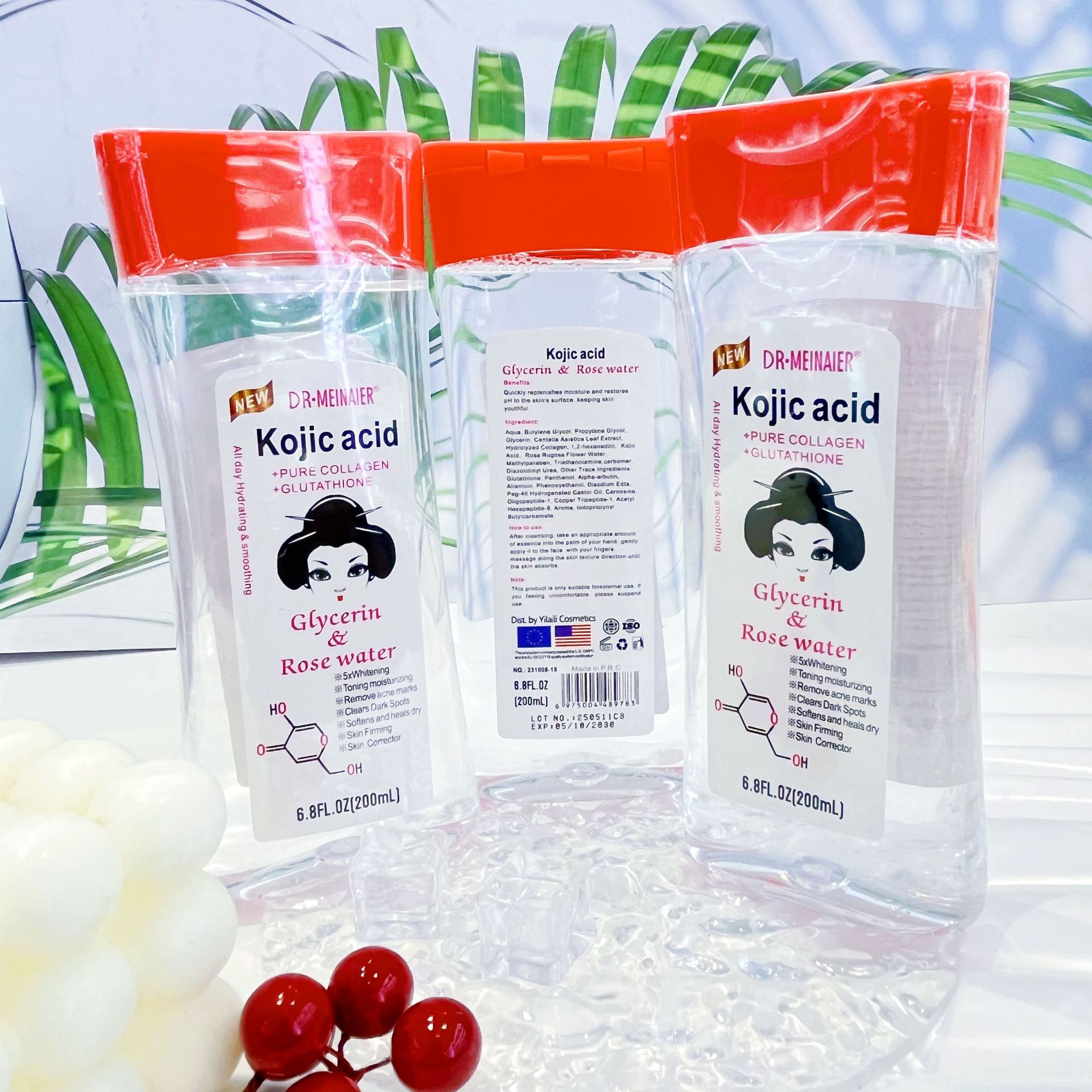 Cross-border Kojic acid Glycerin & Rose Water 200ml Facial and Body Massage Moisturizing water wholesale for export Specification drawing