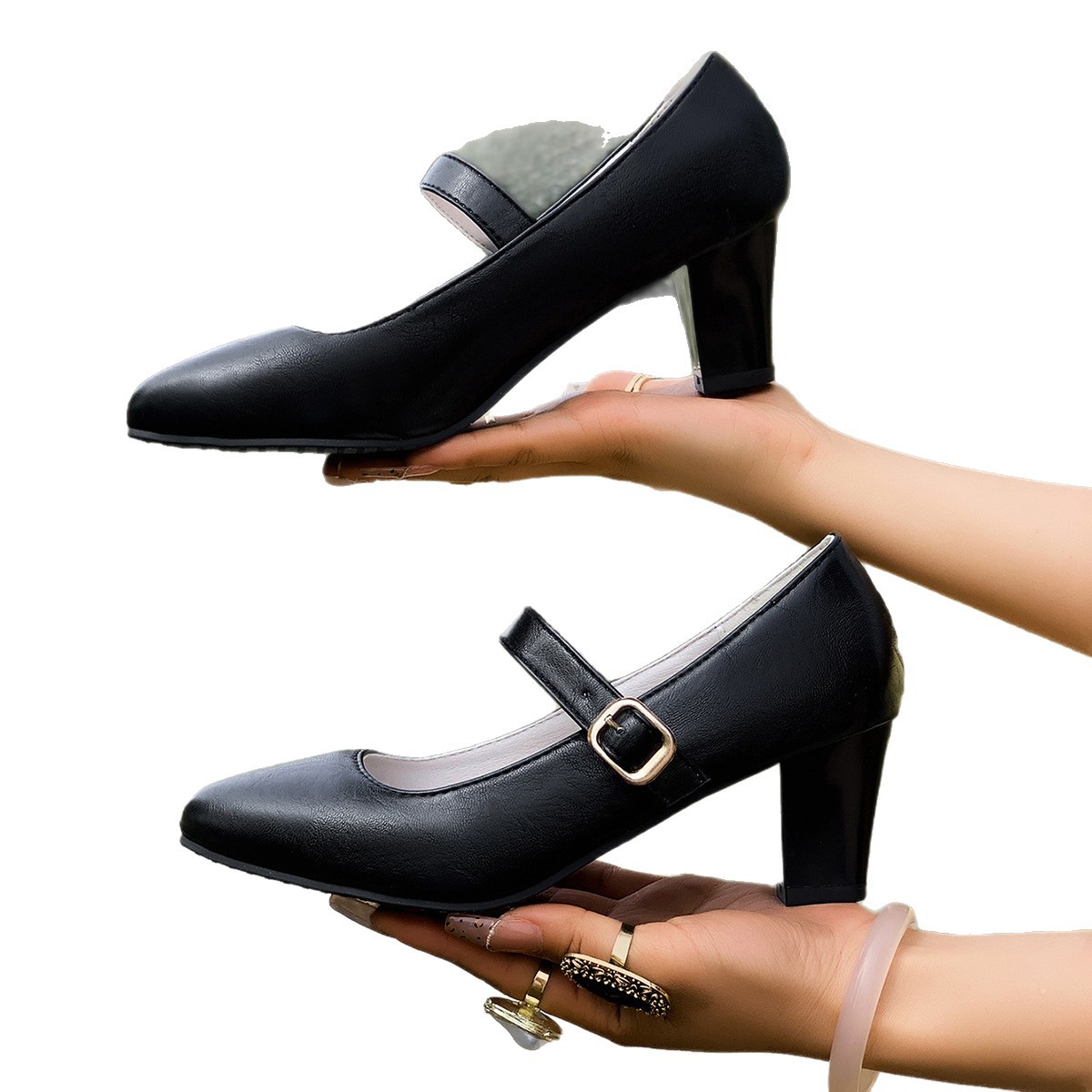 Pointed-toe, thick-heeled foreign trade professional single shoes, cross-border wish, large size 2025 autumn new style, shallow mouth Amazon single shoes for women Item Picture
