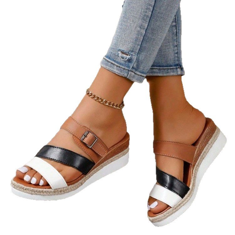 Cross-border 2025 Summer New Export wedge heel Women's Sandals, cross-border large size one-piece with hemp rope sole height-increasing slippers batch Item Picture