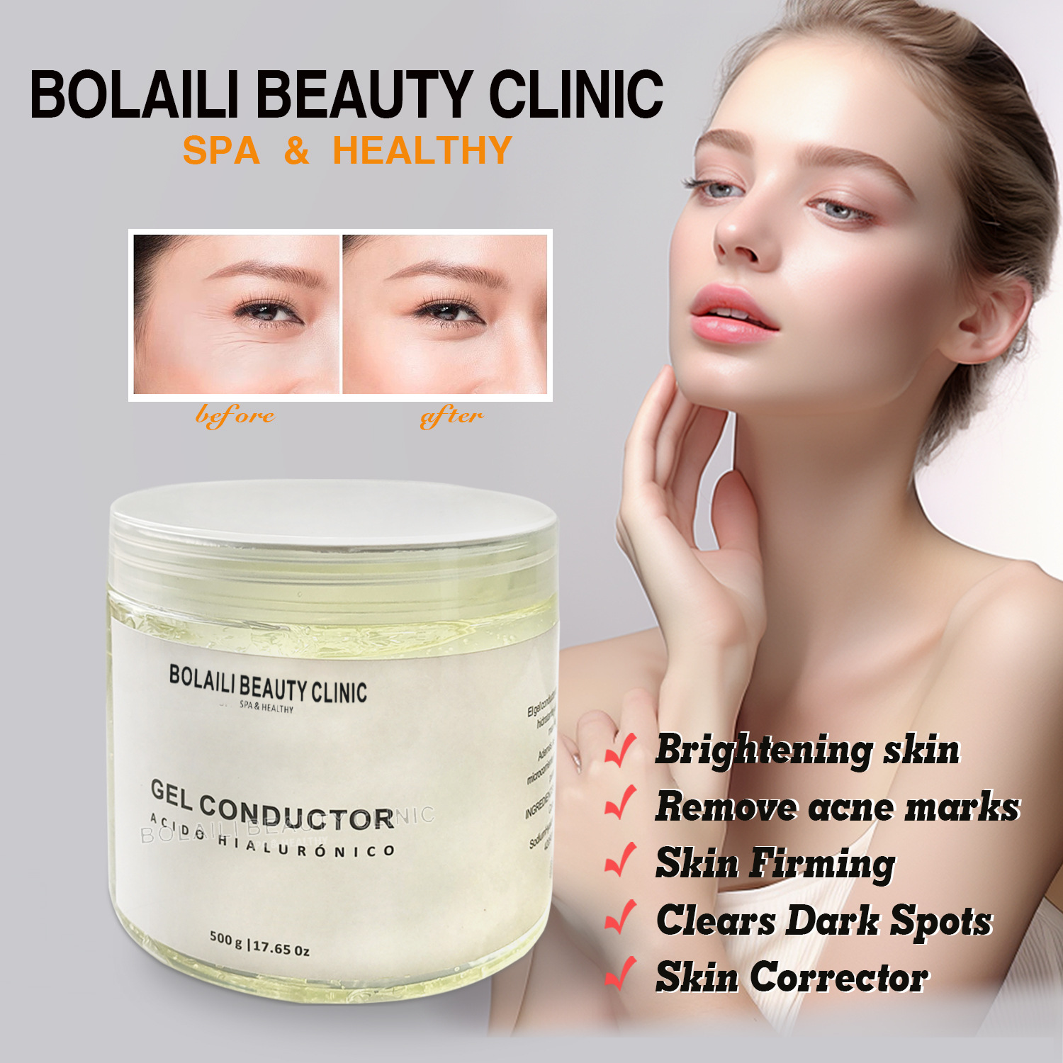 Cross-border facial gel hyaluronic acid gel hydrating, moisturizing and firming equipment introduction massage gel export wholesale Specification drawing