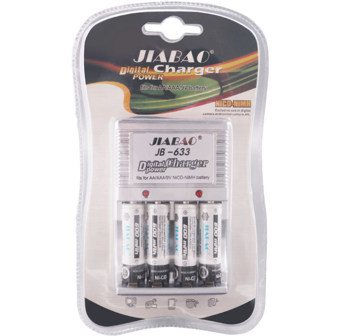 批发佳宝5号7号9V充电电池套装JB-633充电器+4节5号AA600毫安电池