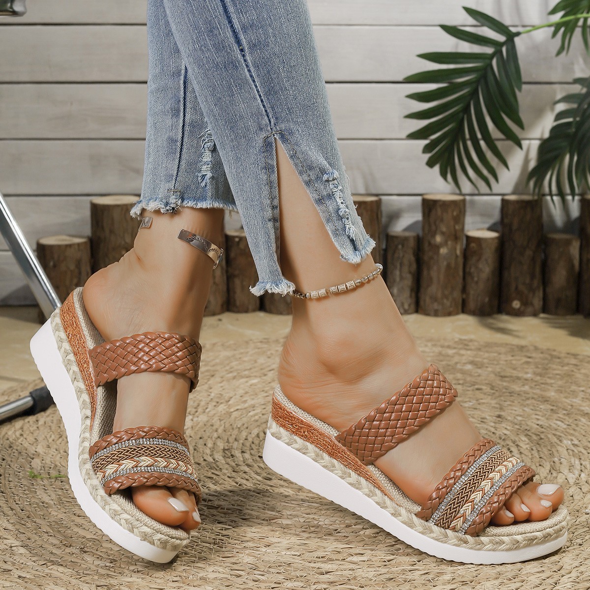 Wholesale of large-sized linen woven wedge slippers for summer 2025, fish-mouth one-line thick-soled women's shoes Specification drawing