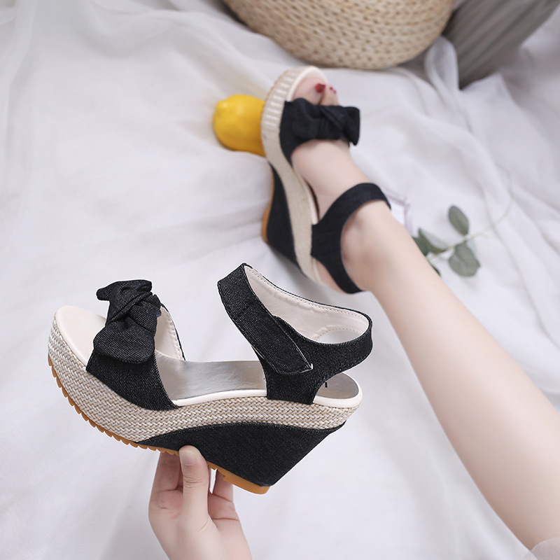 Bowknot open-toe women's sandals 2024 Summer new style wedge heel fashionable women's fish-mouth high heels Women's sandals wholesale full figure