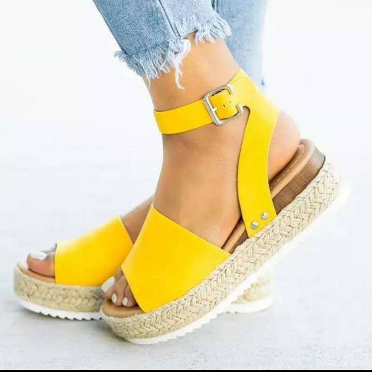 Large-sized women's shoes for export, thick-soled women's sandals, one-shoulder buckle with wedge heel and hemp rope, light-soled thick-soled high-heeled sandals for women, European and American style details Picture