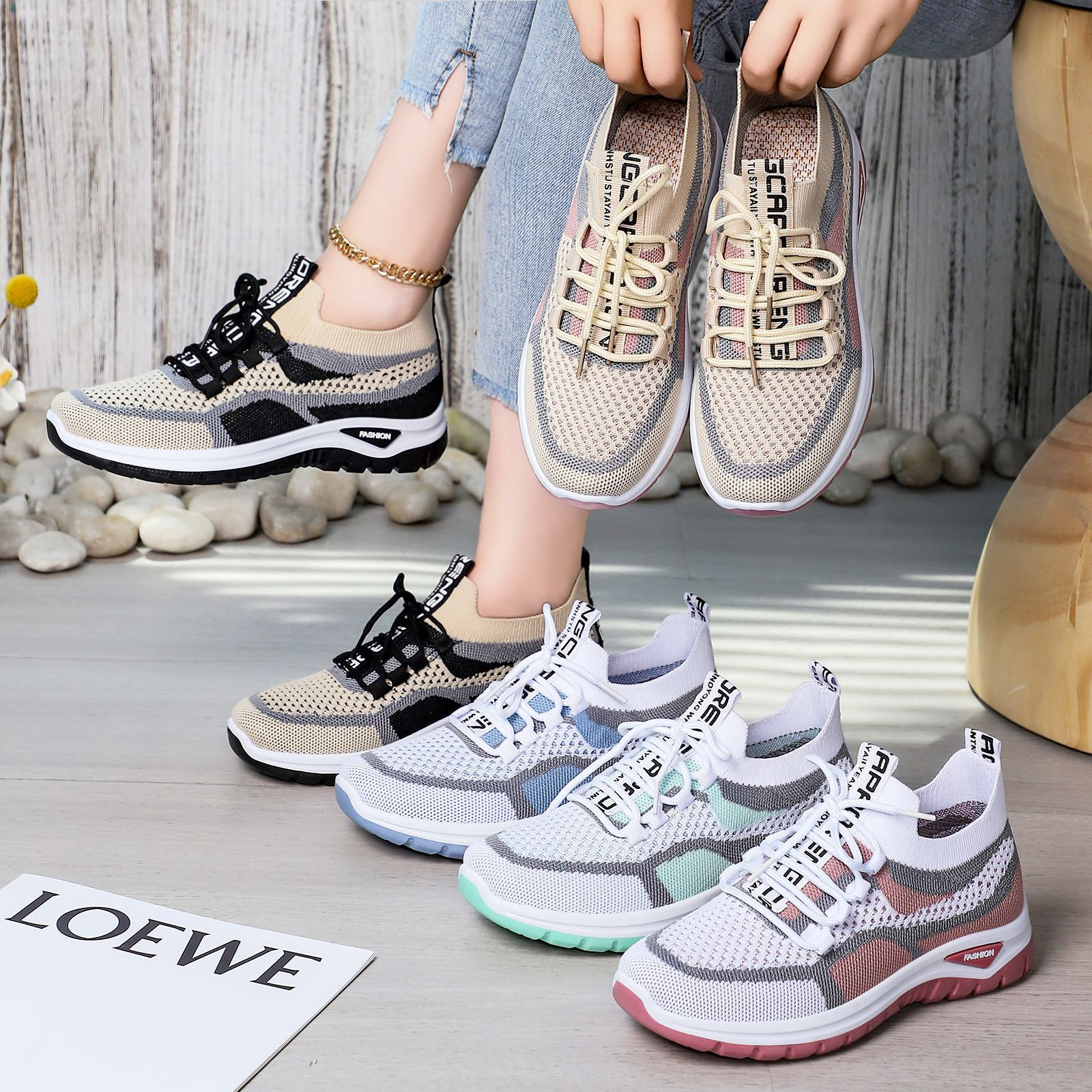 Women's shoes, versatile cross-border large-sized casual shoes, fly-knit single shoes, thick-soled shoes that don't tiring the feet, height-increasing shoes, breathable mesh shoes full figure