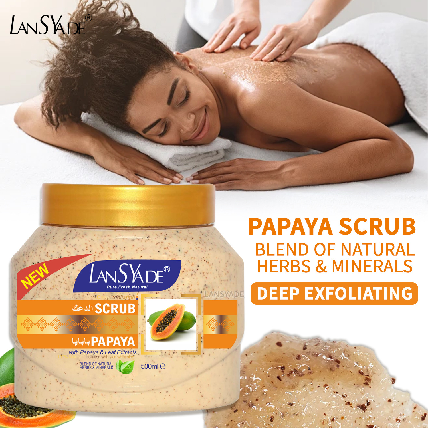 Cross-border 24K Gold Scrub brightening, Moisturizing, Cleansing, papaya Scrub, turmeric Exfoliating, Chicken skin export 500g Specification drawing