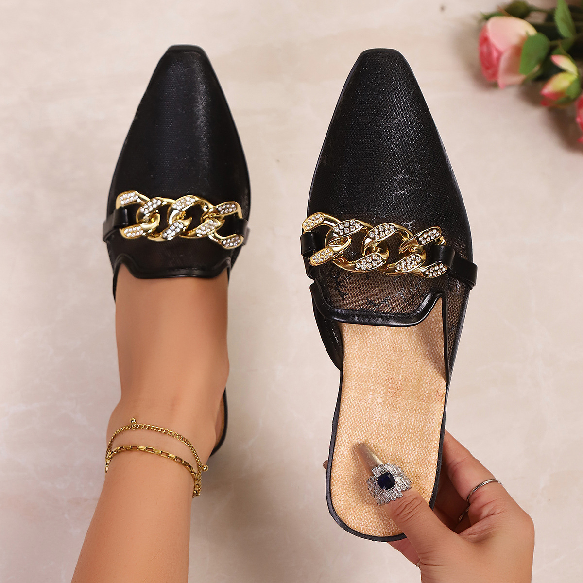 Hollowed-out lace half-slippers women's 2025 Spring/Summer new fashionable Korean-style mules, wearing breathable flip-flops details Picture