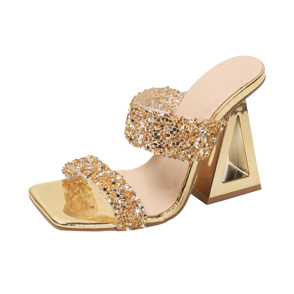 2025shoes Cross-border crystal and new sexy water diamond sequined slippers, European and American high-heeled cool slippers women's shoes Item Picture