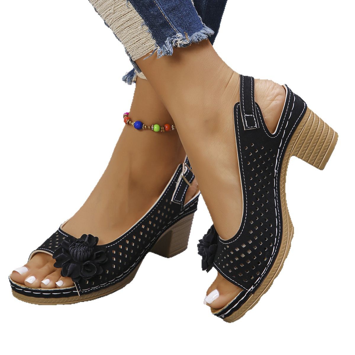 Women's Sandals Large Size European and American 2025 fashion fish-mouth chunk-heeled sandals Flower sandals Item Picture