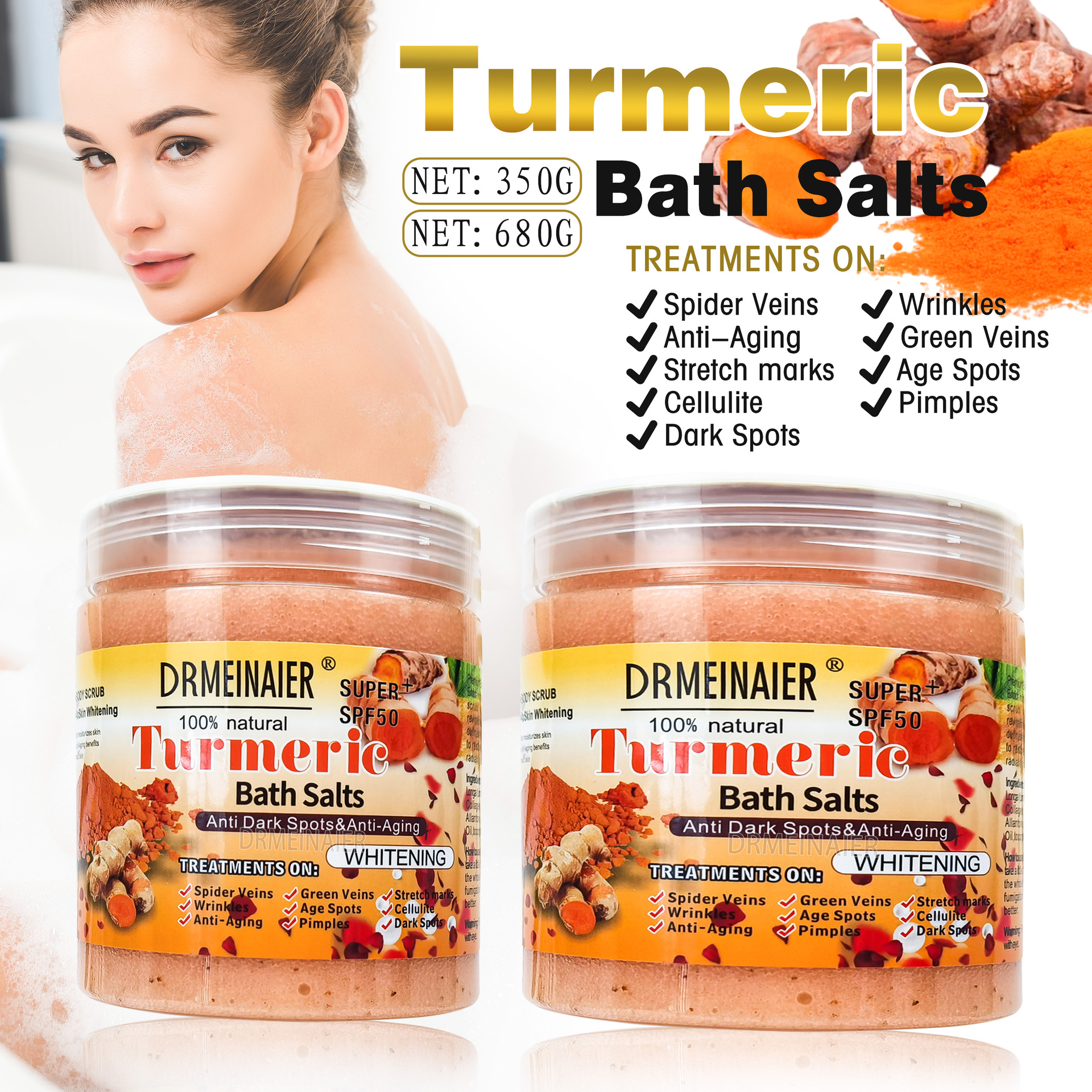 Cross-border turmeric wet bath salt, exfoliating bath salt, chicken skin removal, skin rejuvenation, scrubbing, dead skin removal, moisturizing and exfoliating salt full figure