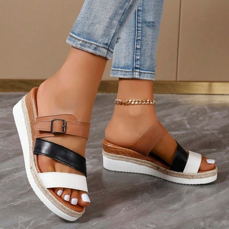 Cross-border 2025 Summer New Export wedge heel Women's Sandals, cross-border large size one-piece with hemp rope sole height-increasing slippers batch Specification drawing