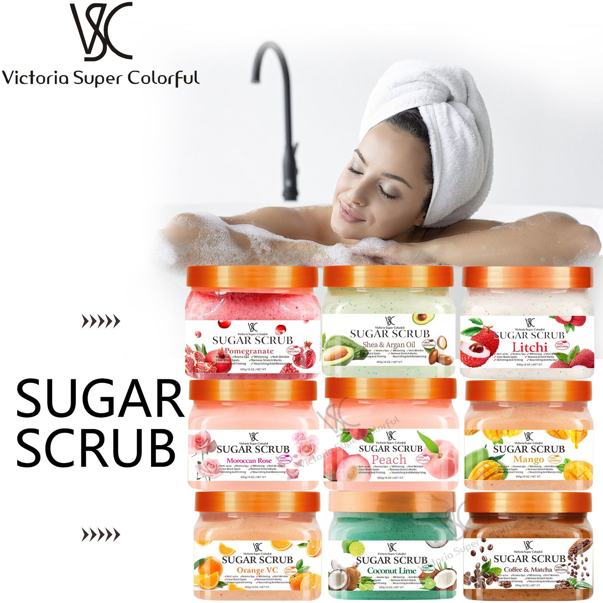 Cross-border natural pure sugar scrub, premium fruit fragrance Bath, Moisturizing, Exfoliating bath salt, body bath salt full figure