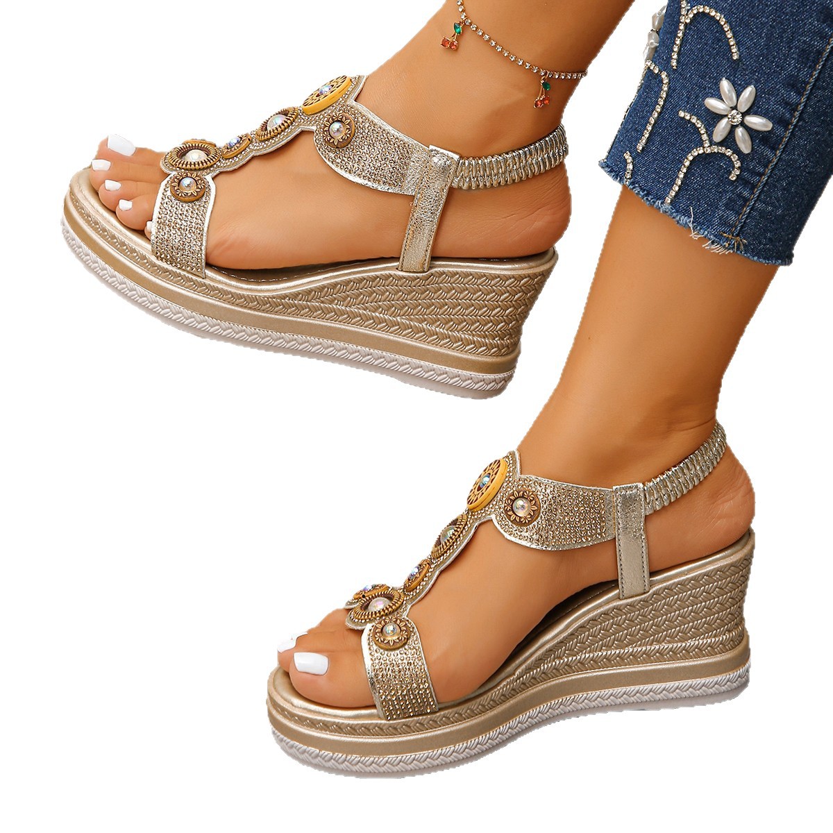 Bohemian beaded wedge heel sandals for women 2025 Summer new cross-border trade large-sized sandals for women to wear lightly outside Item Picture