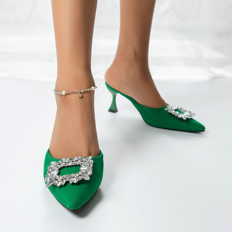 Large-sized square buckle rhinestone decorated flip-flops for women, pointed-toe thin-heeled high-heeled flip-flops for women to wear outside details Picture