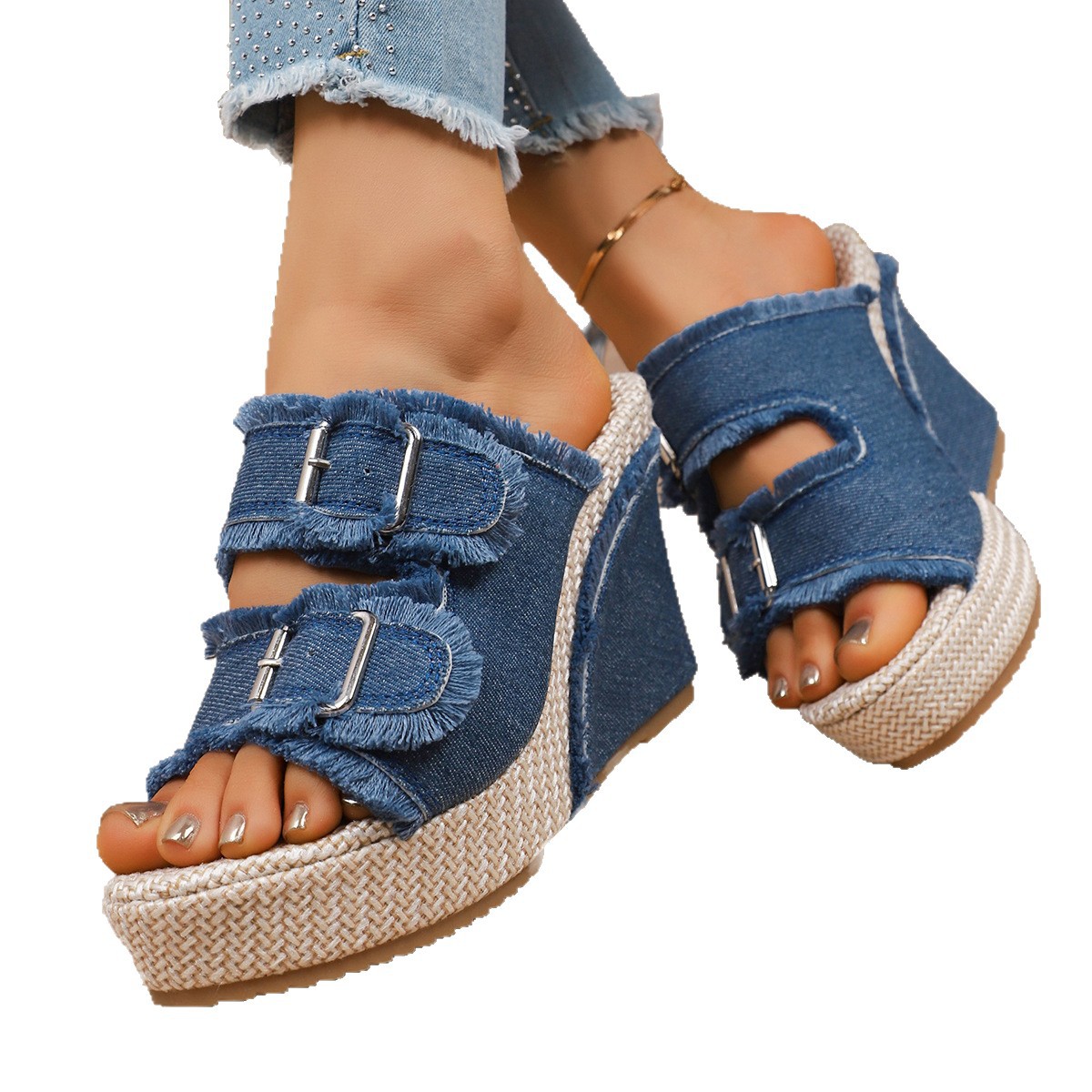 Women's summer outdoor wear 2024 new thick-soled slippers with oversized, limping jeans and belt buckles Item Picture