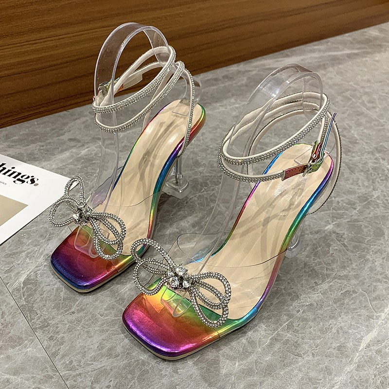 2022 Summer's new sexy square-headed rhinestone transparent bow fashion sandals for women, pla-size water outerwear high heels details Picture