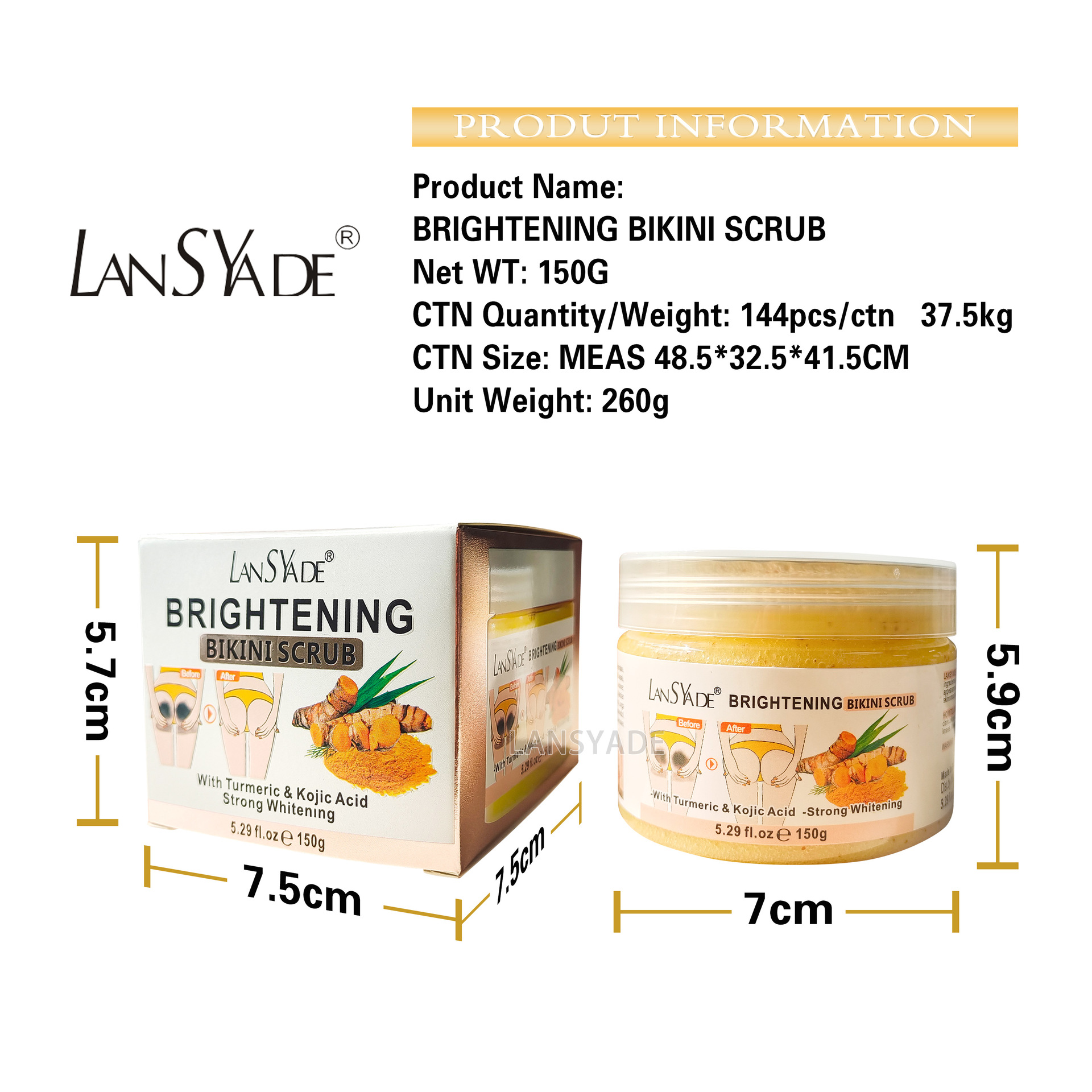Cross-border Bikini Scrub brightening and Rejuvenation Kojic acid turmeric Scrub Ice Cream Cleansing and Exfoliating Body Bath Salt Specification drawing