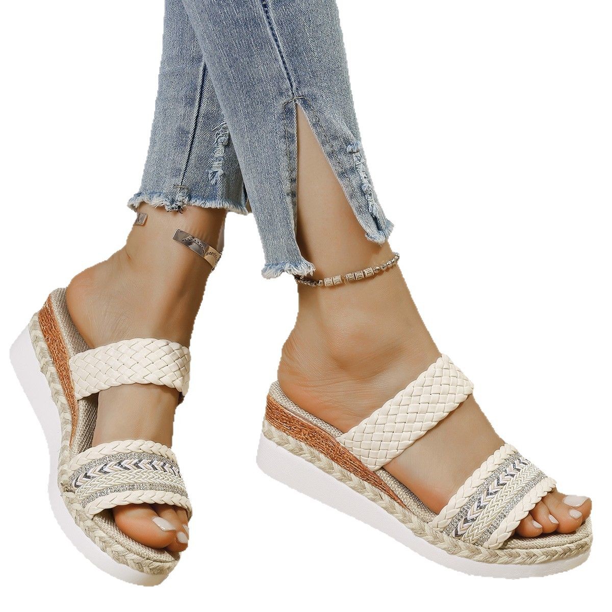 Wholesale of large-sized linen woven wedge slippers for summer 2025, fish-mouth one-line thick-soled women's shoes Item Picture