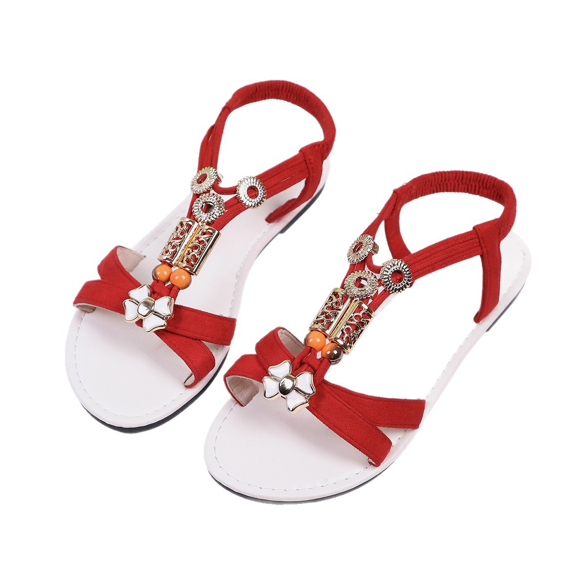 Summer sandals, women's shoes, elastic flat open-toe beach shoes, women's 2025 summer new beaded sandals Item Picture