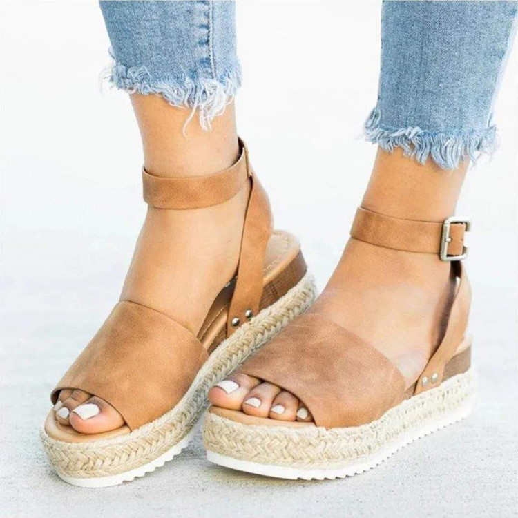 Large-sized women's shoes for export, thick-soled women's sandals, one-shoulder buckle with wedge heel and hemp rope, light-soled thick-soled high-heeled sandals for women, European and American style Specification drawing