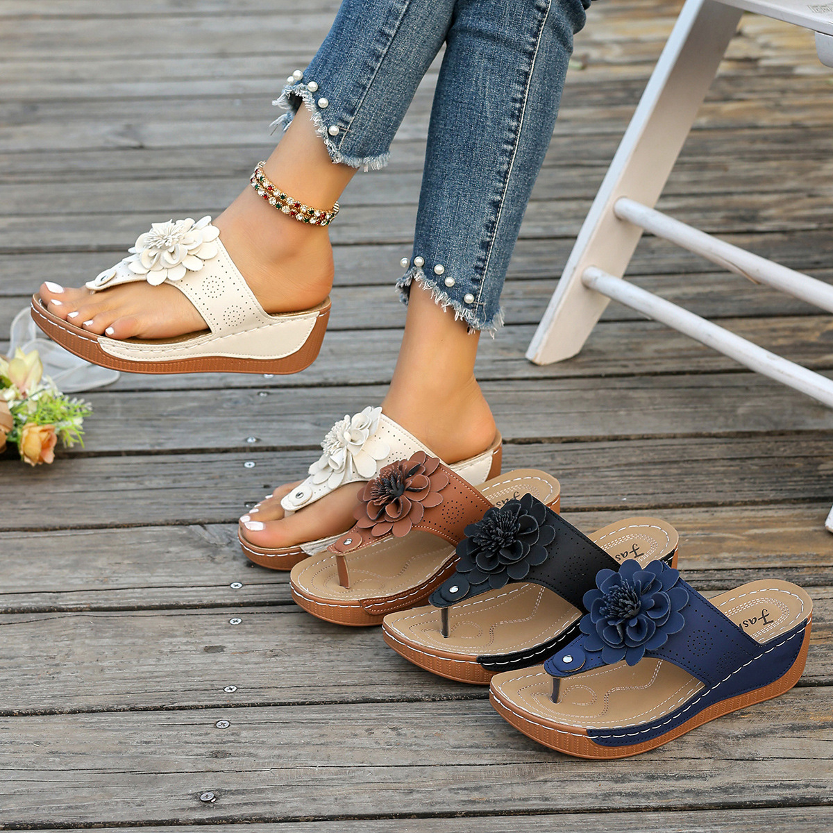 New Amazon cross-border wedge heel sandals with flower-shaped one-line flip-flops for women to wear outside Specification drawing