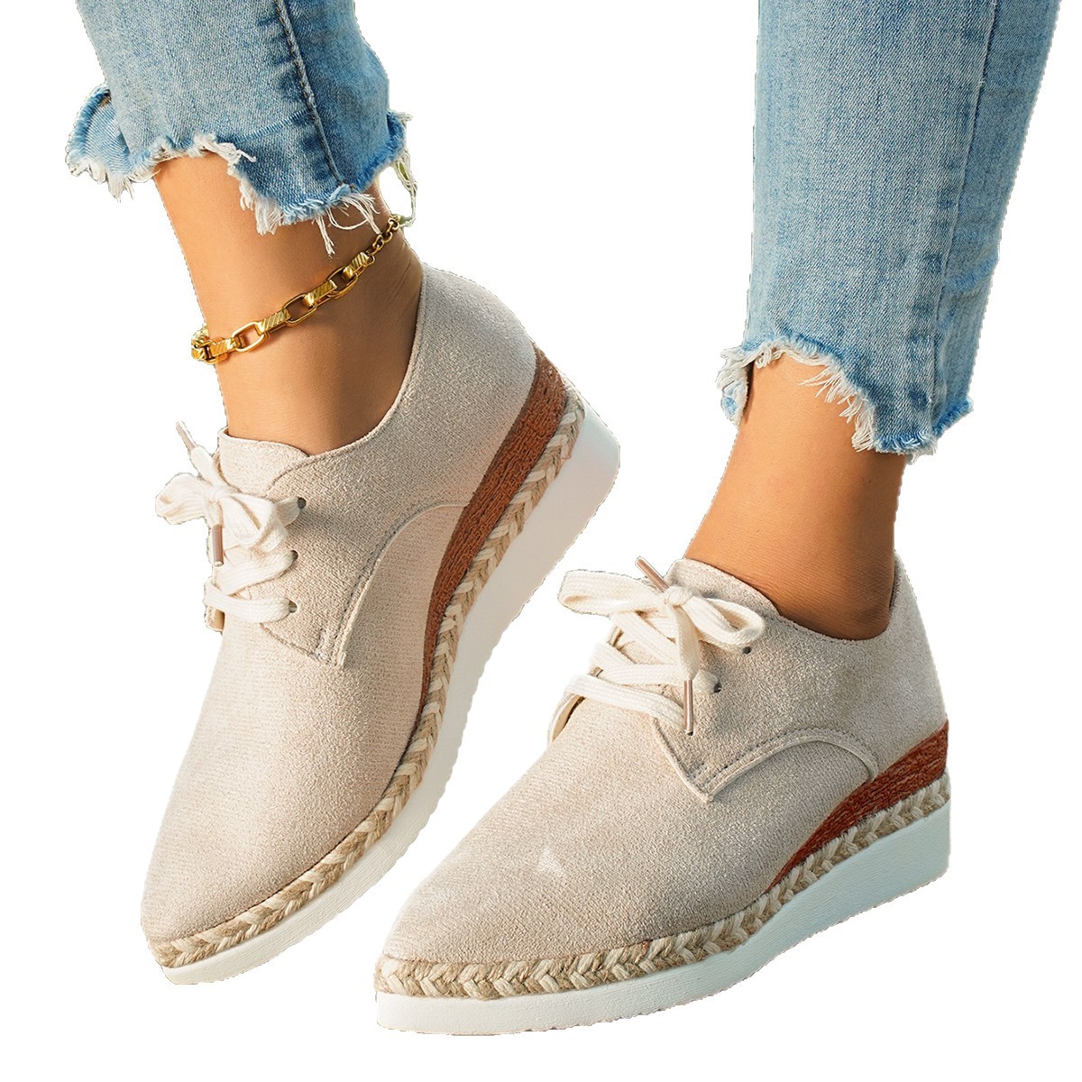 New large-sized women's shoes for European and American export in spring 2025, pointed-toe wedge heel thick-soled solid color casual loafers with hemp rope Item Picture
