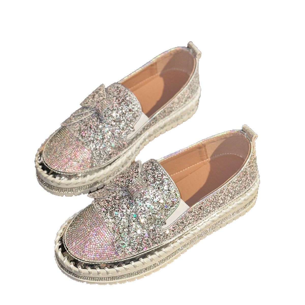 Fashionable women's casual single shoes 2025 autumn/Winter new style shallow mouth hand-sewn loafers Korean version rhinestone versatile shoes Item Picture