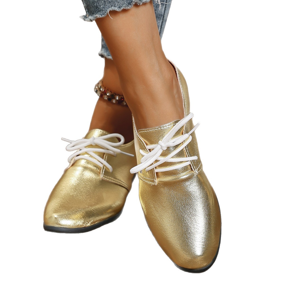 Spring 2025 new Korean-style golden lace-up flat soft sole versatile loafers, low-heeled single shoes, small leather shoes for women Item Picture