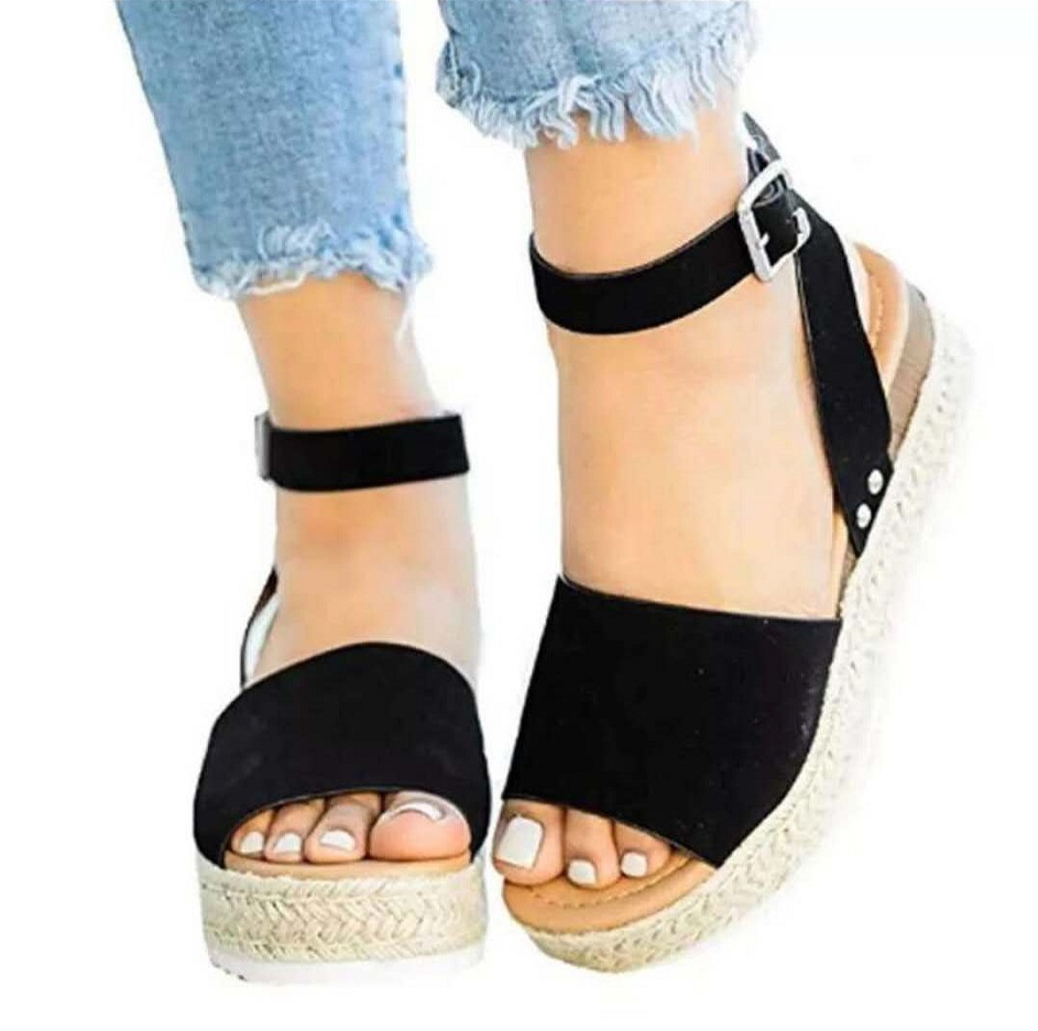 Large-sized women's shoes for export, thick-soled women's sandals, one-shoulder buckle with wedge heel and hemp rope, light-soled thick-soled high-heeled sandals for women, European and American style Item Picture