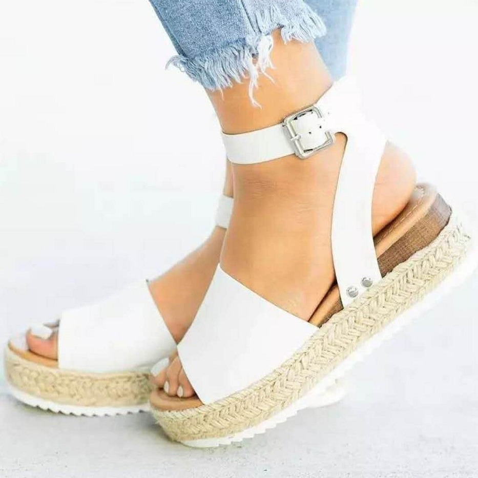 Large-sized women's shoes for export, thick-soled women's sandals, one-shoulder buckle with wedge heel and hemp rope, light-soled thick-soled high-heeled sandals for women, European and American style full figure