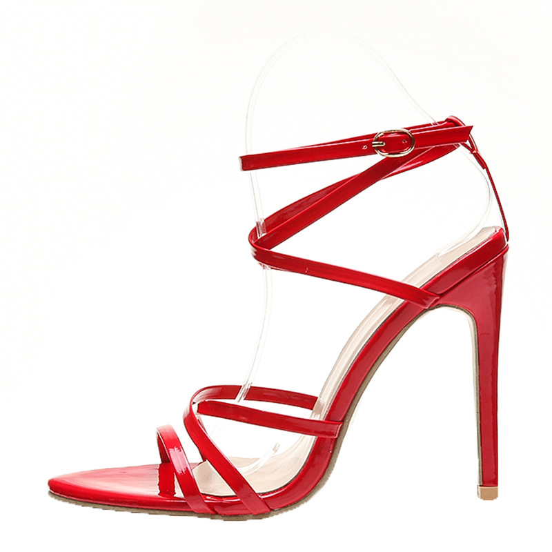 Women's 2024 summer new style one-shoulder buckle, pointed toe, exposed toe, thin strap, sexy black and elegant high heels Item Picture
