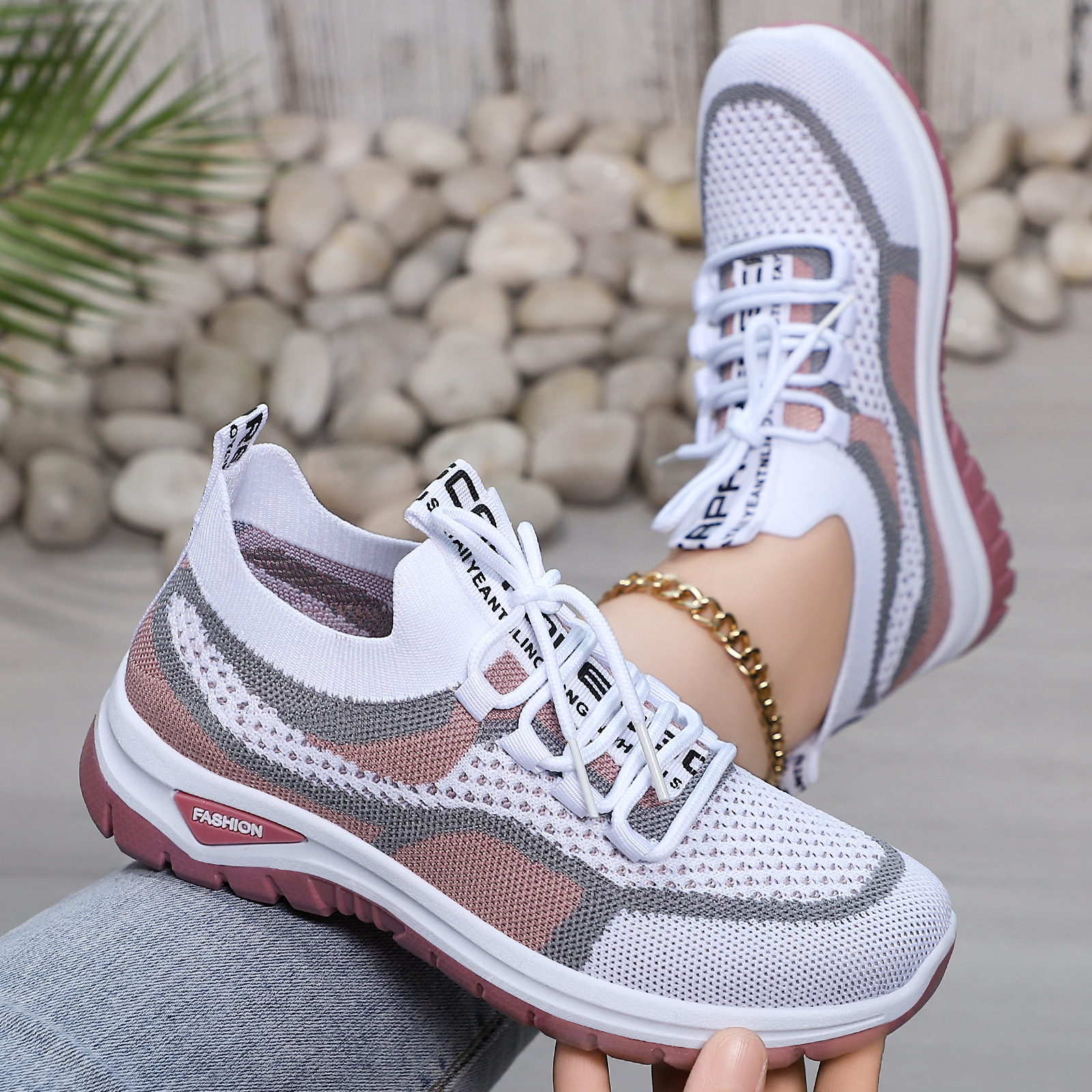 Women's shoes, versatile cross-border large-sized casual shoes, fly-knit single shoes, thick-soled shoes that don't tiring the feet, height-increasing shoes, breathable mesh shoes details Picture