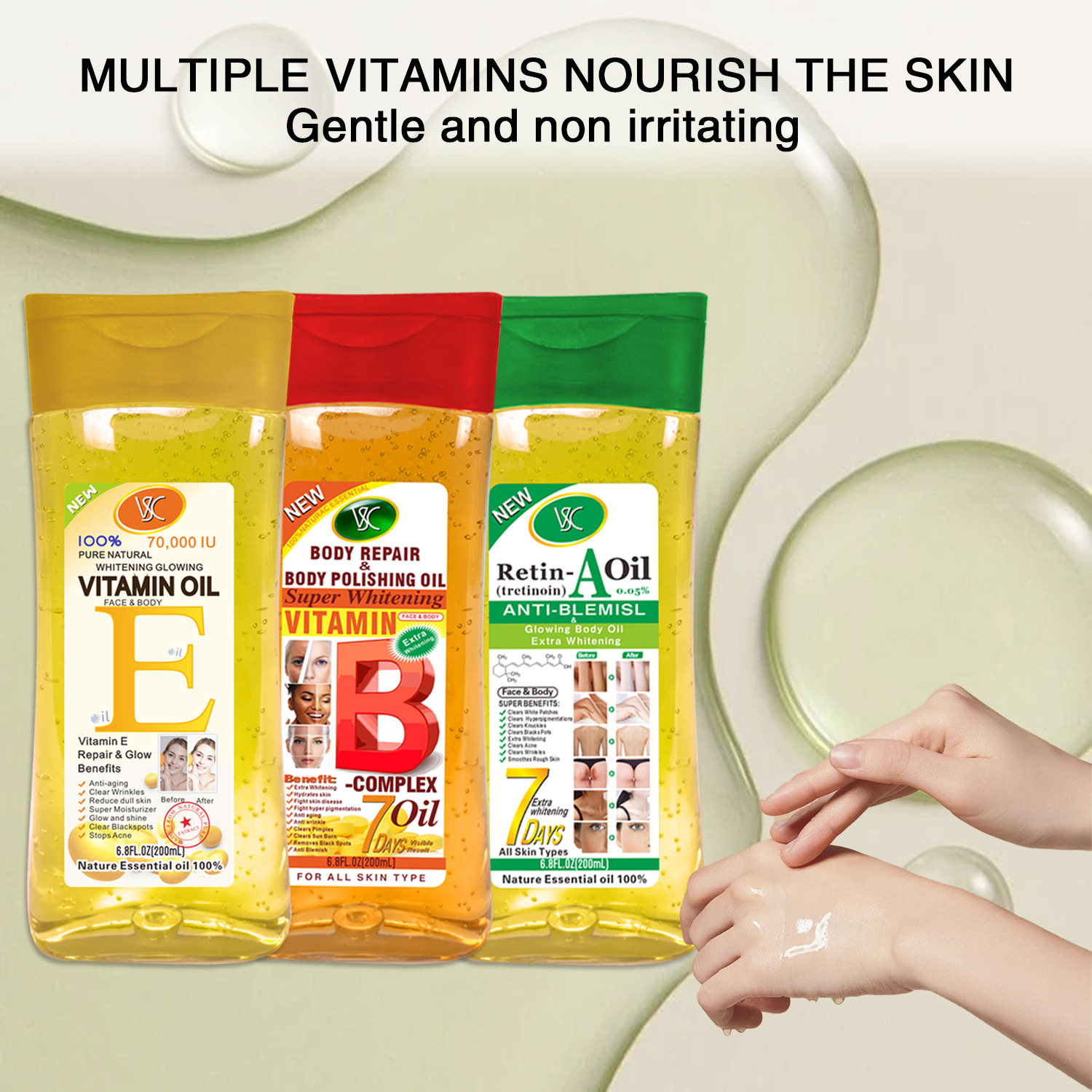 Cross-border turmeric Oil Facial and Body Moisturizing VB Oil VE Massage Oil Darkening and Brightening Joint Oil 200ml for export Specification drawing