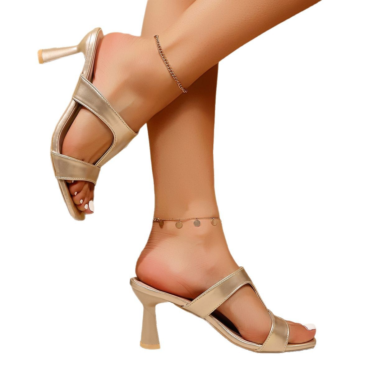 Cross-border high-heeled flip-flops for women 2025 summer new style, simple and fashionable European and American, large-sized square-toed thin-heeled flip-flops for export Item Picture