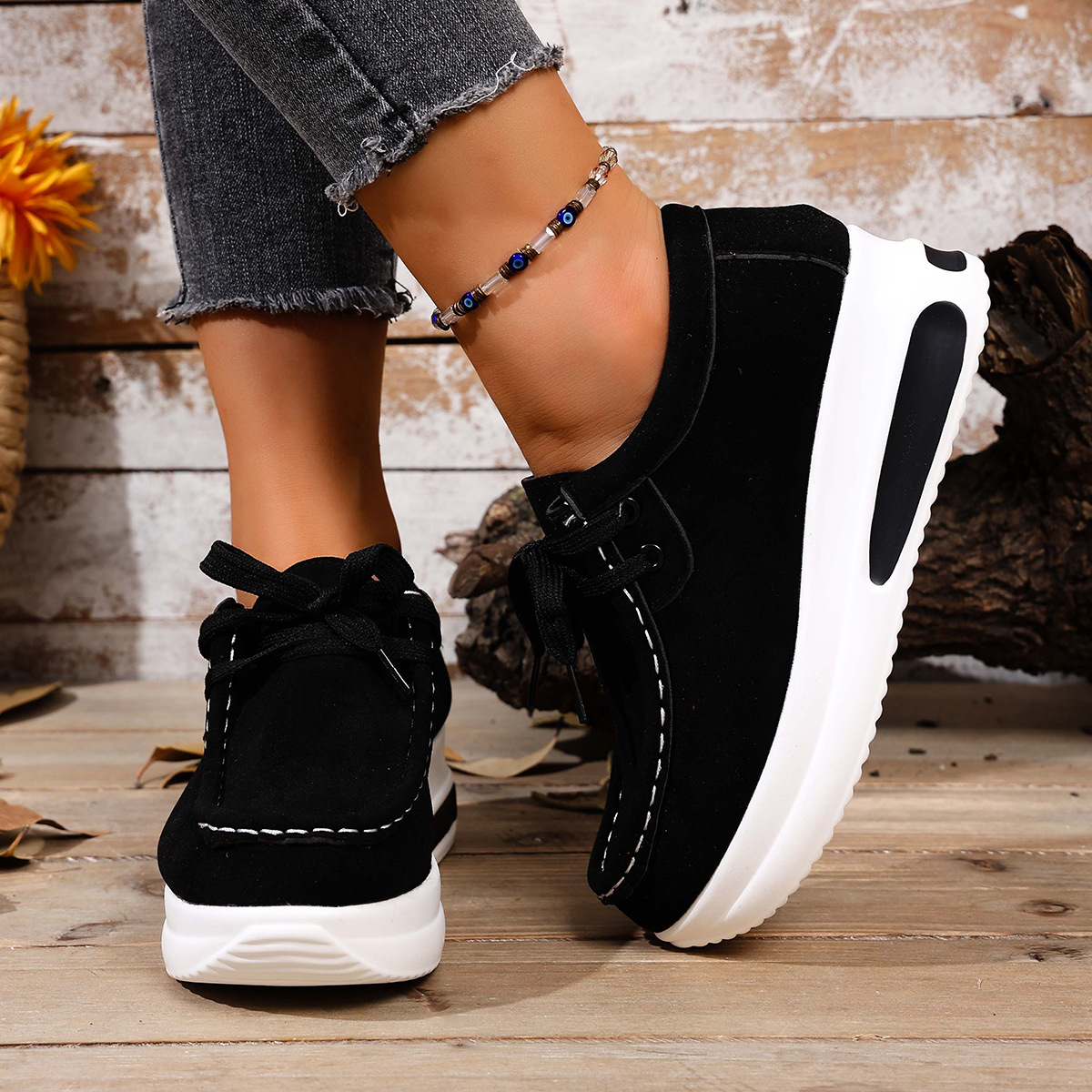 New European and American wedge heel lace-up round toe single shoes for women, independent station AliExpress, foreign trade large-sized lace-up loafers for women Specification drawing