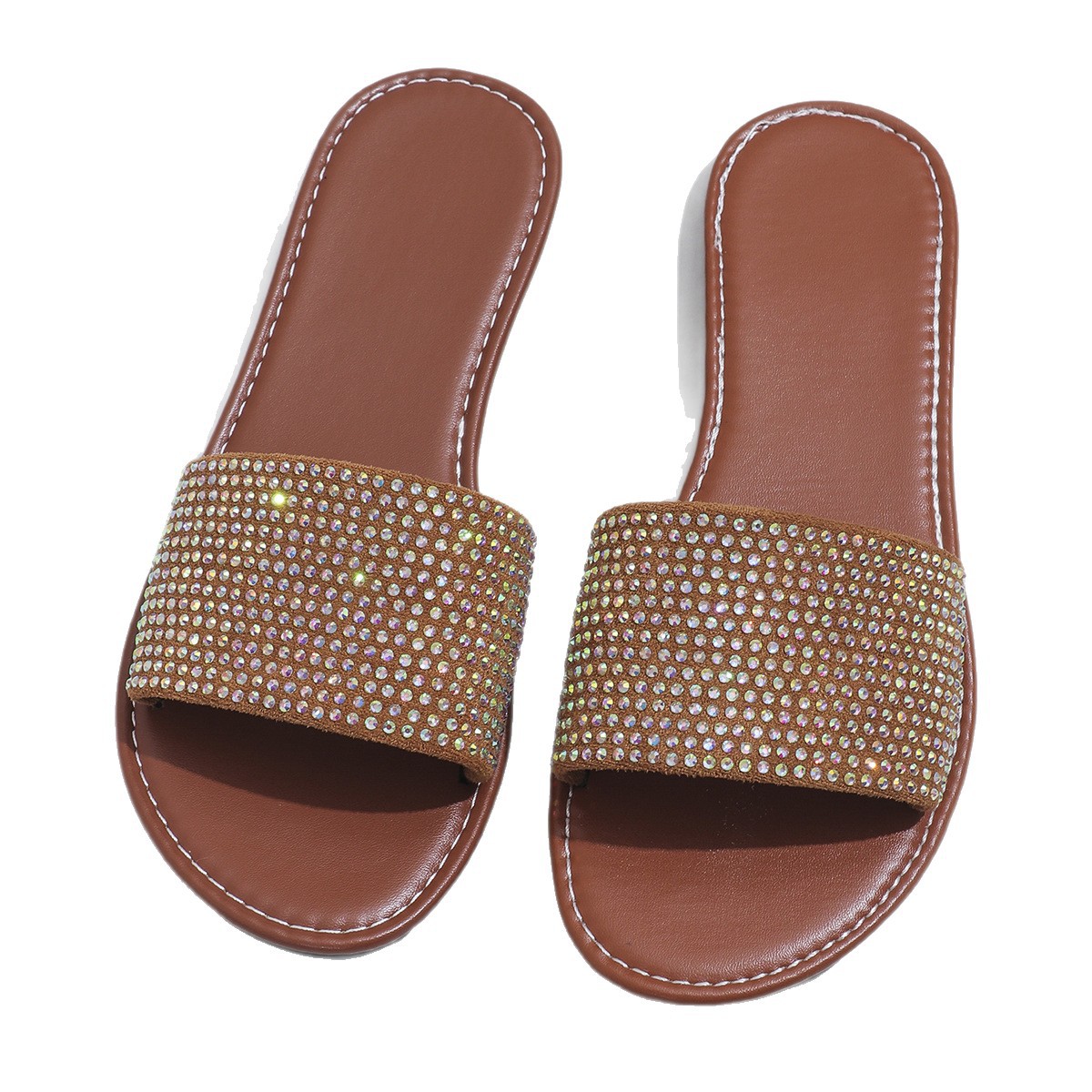 2025 New round toe flat-bottomed rhinestone slippers for women, independent station, Amazon, large-sized export AliExpress, cooling slippers Item Picture