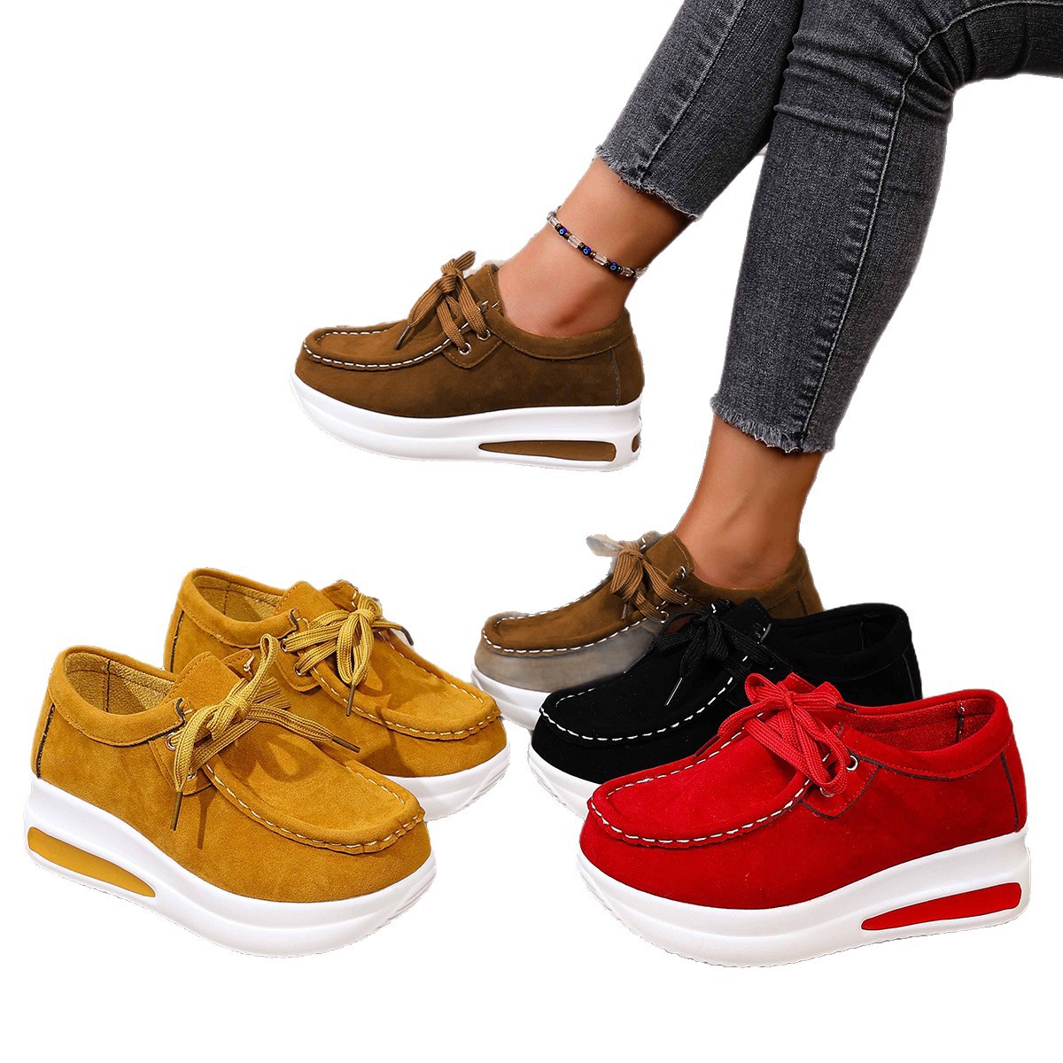 New European and American wedge heel lace-up round toe single shoes for women, independent station AliExpress, foreign trade large-sized lace-up loafers for women Item Picture