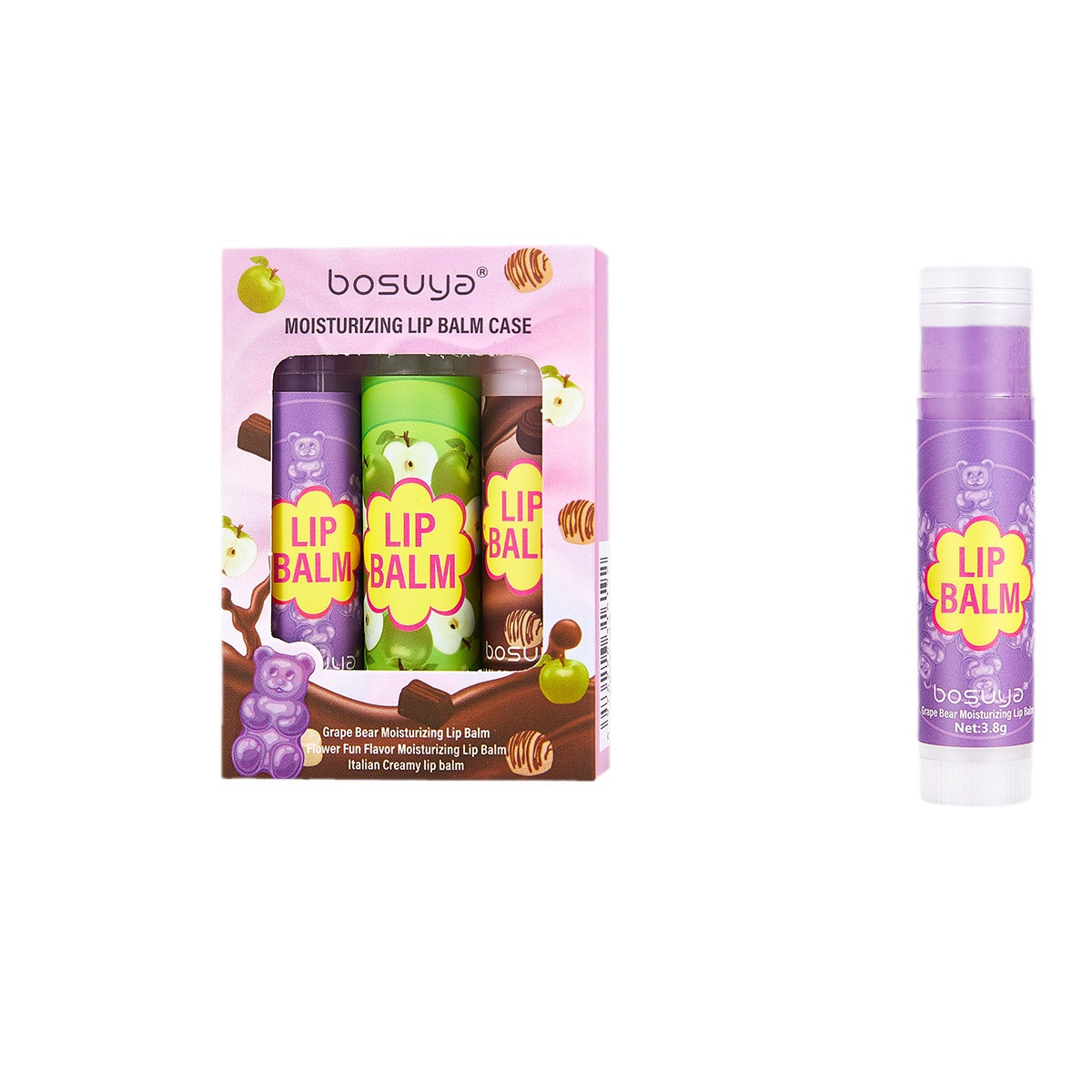 Cross-border exclusive Bosuya Lip Balm Set for Moisturizing, nourishing and reducing lip lines. English version lip balm set of 3 pieces Item Picture