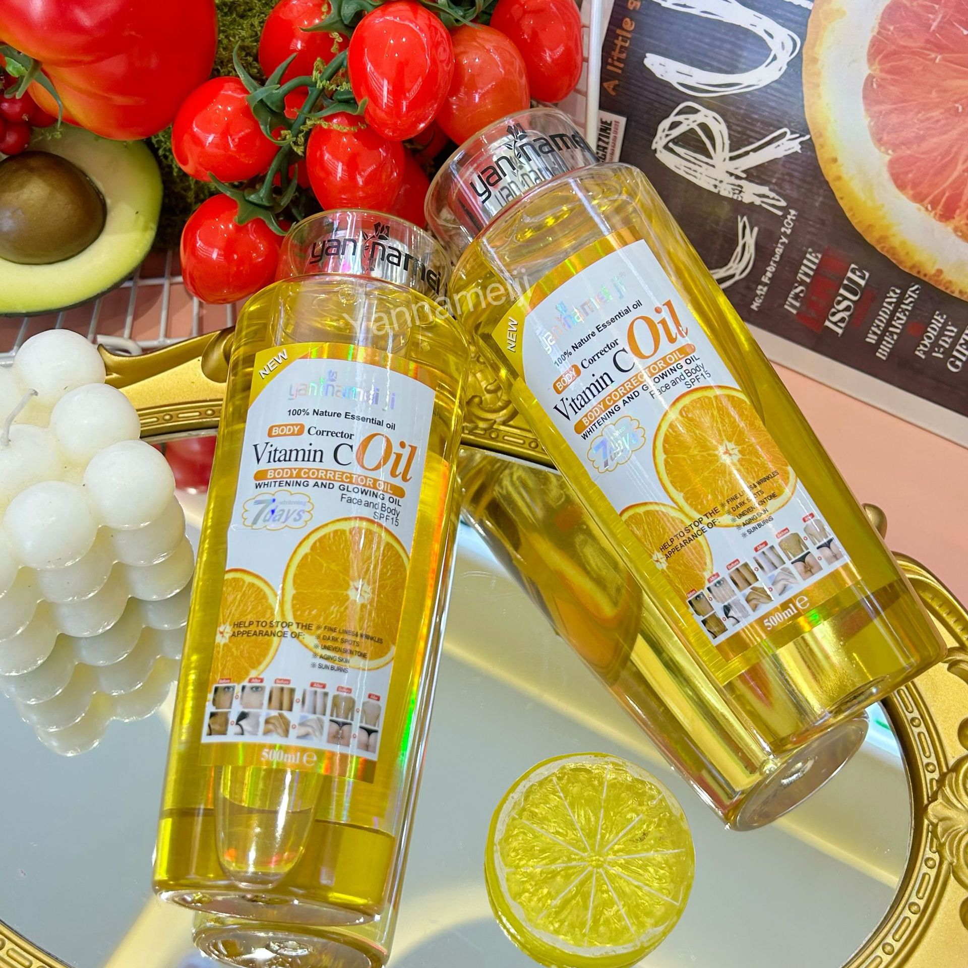 Wholesale of 500ml cross-border trade Vitamin C essential oil, repair oil, massage and skin care VC massage oil Specification drawing