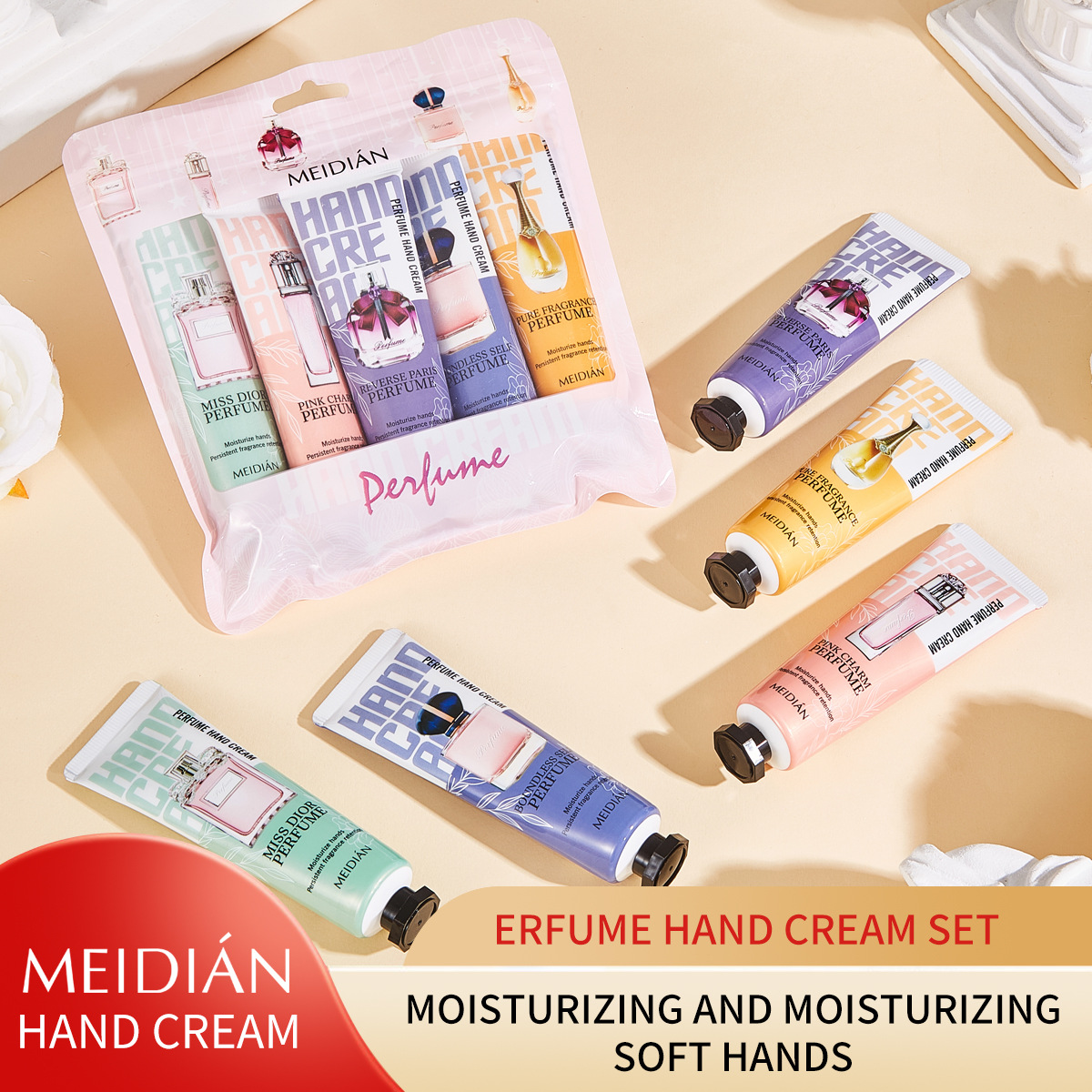 Cross-border Exclusive - Meidian Moisturizing, Hydrating, Moisturizing, Long-lasting Fragrance Hand Care, Hand Mask, Perfume and Hand Cream Set full figure