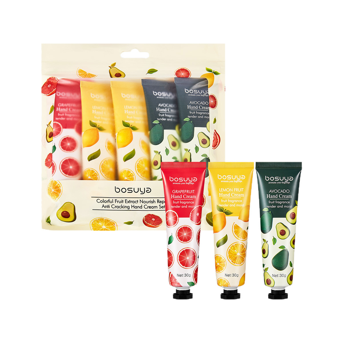Cross-border exclusive bosuya New Scented Fruit Hand Cream Moisturizing and Nourishing 5-bottle hand cream bag set Item Picture