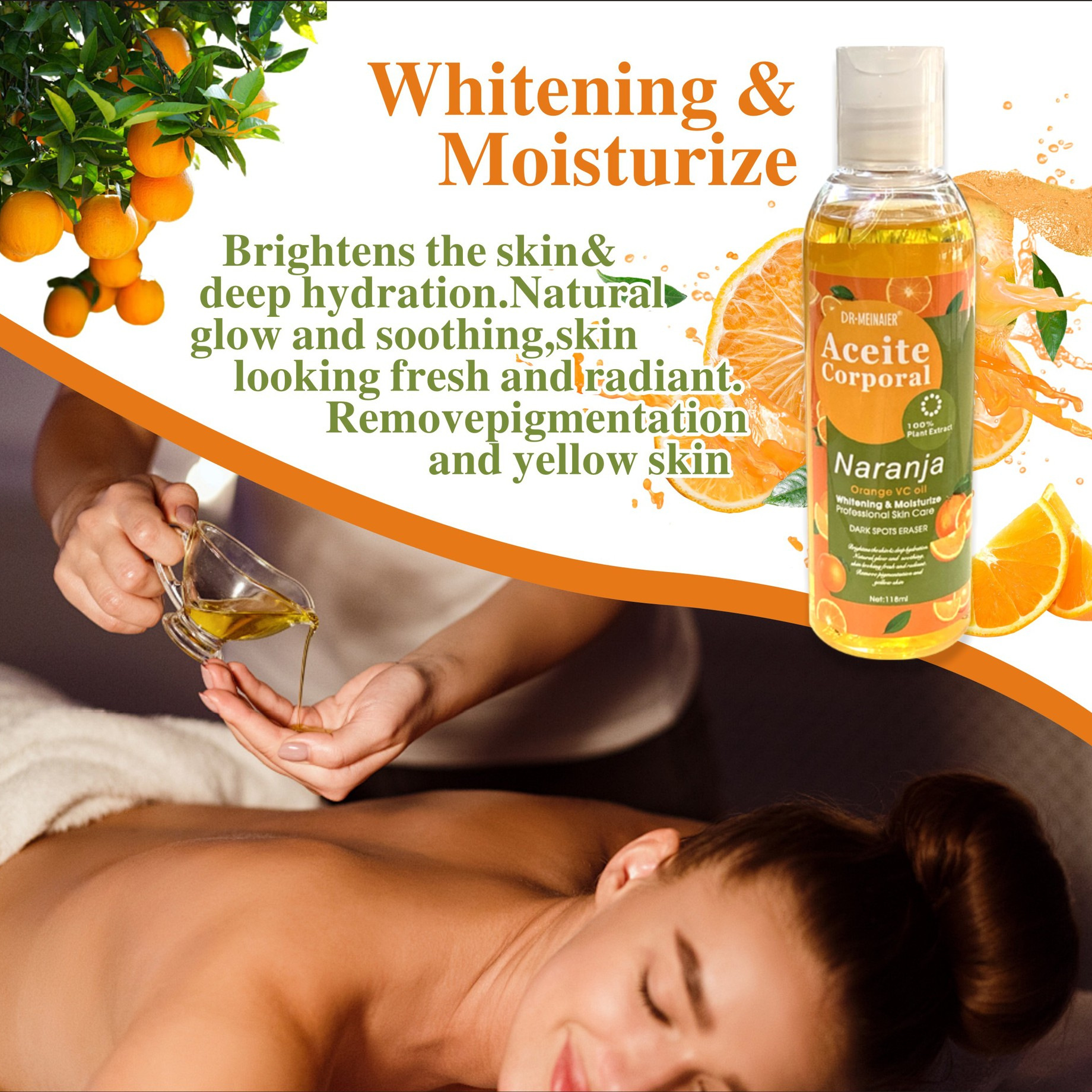 Cross-border Fresh Orange Vitamin C essential Oil 118ml, skin care body massage and manipulation oil, base oil, VC oil, wholesale for foreign trade details Picture
