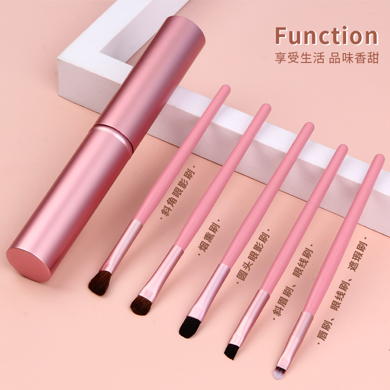 Portable set of 5 horsehair eyeshadow brushes, complete set of beauty tools, beginner makeup brushes, animal hair aluminum tube storage cylinder details Picture