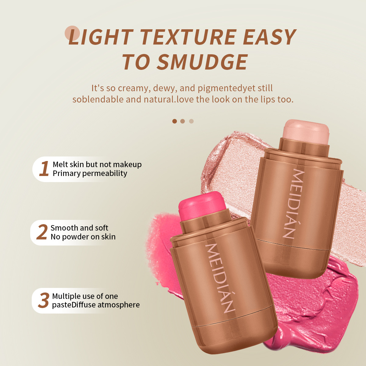 【 Cross-border Exclusive 】Meidian Blush Stick: Natural Nude Makeup, Contouring, brightening and Radiant Blush Application Scenario