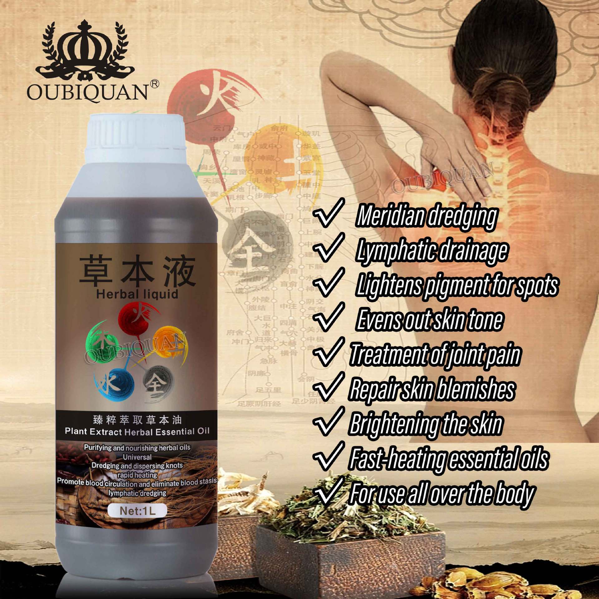 Cross-border foreign trade Five-element Herbal liquid Heating Oil Massage Oil Herbal Essential Oil Whole Body Shoulder and Neck Meridian Unblocking Gua Sha wholesale full figure