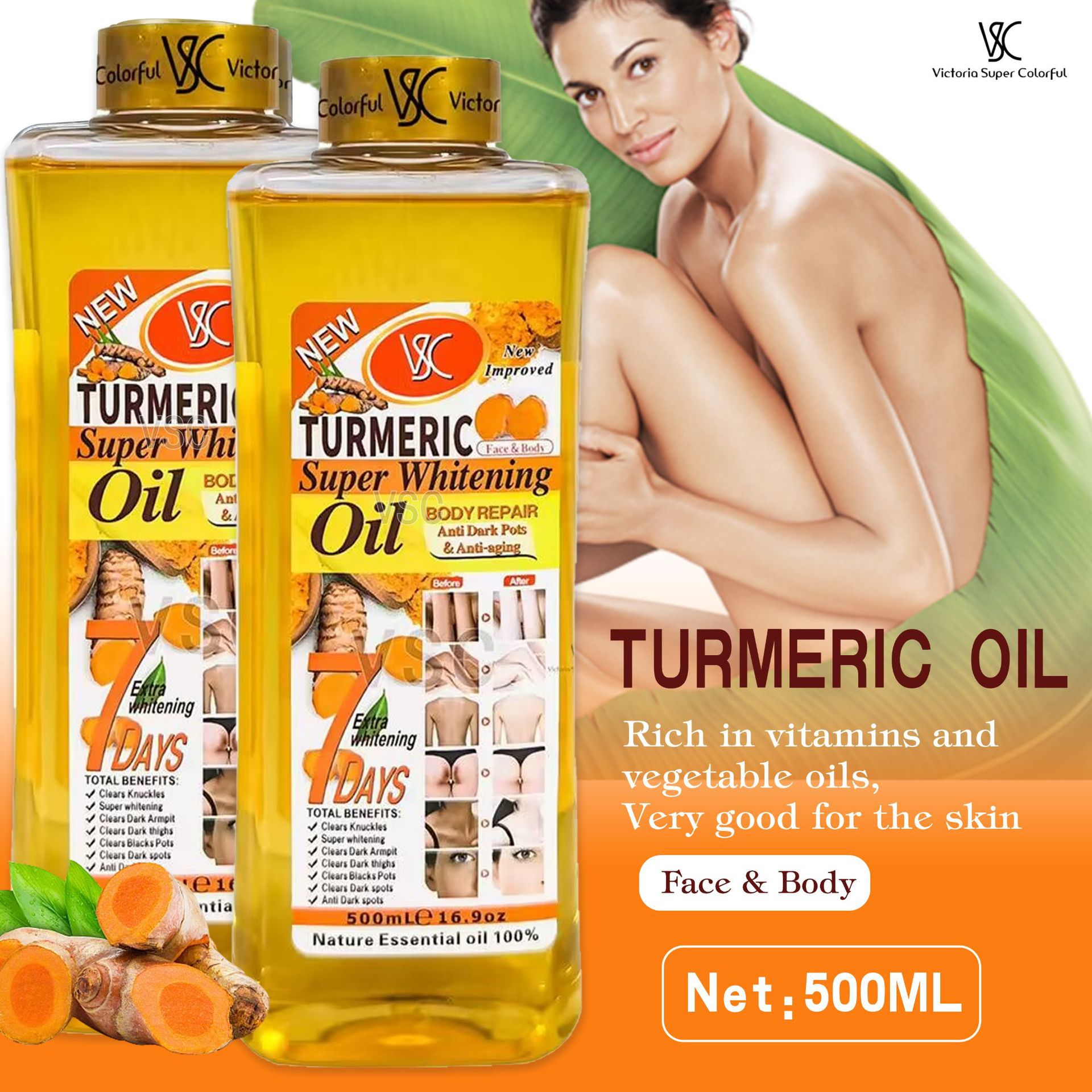 Cross-border bestseller Turmeric essential oil 500ml Almond body essential oil moisturizing massage SPA Facial massage brightening skin and removing dark spots details Picture