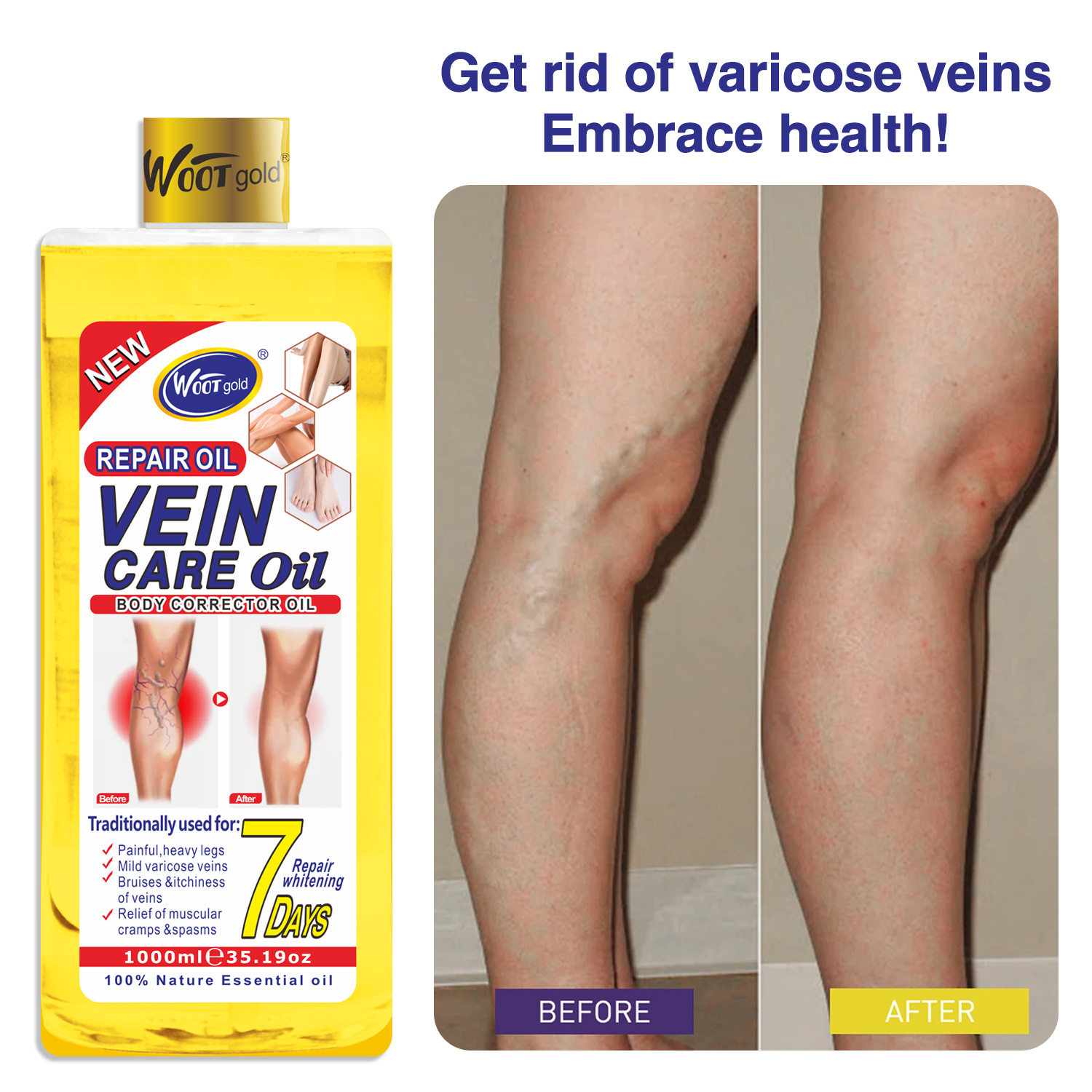 Cross-border Foreign Trade WOOTgold Vein Relaxation Essential Oil Earthworm Leg Relaxation and Leg Massage Oil 1000 Specification drawing