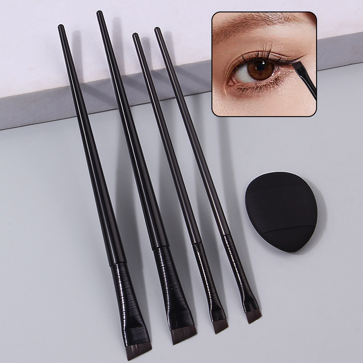 4 Fine blade eyeliner brushes, flat and slanted eyebrow brushes, under-eye brush, eye makeup brush, mini air cushion thumb powder puff Specification drawing