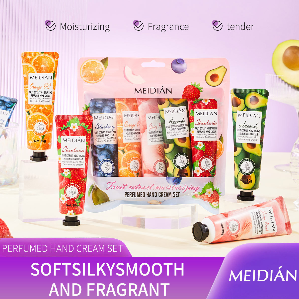 MEIDIAN Cross-border Exclusive fruit-scented hand cream bag set, 5-tube hand cream set for cross-border use full figure