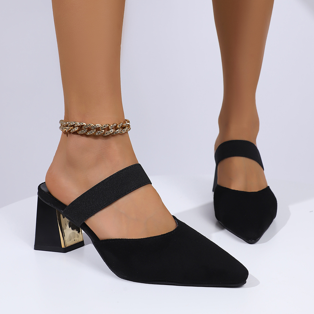 Baotou pointed-toe flip-flops for women 2025 new summer thick-heeled high-heeled suede versatile and fashionable women's backheel high heels Specification drawing